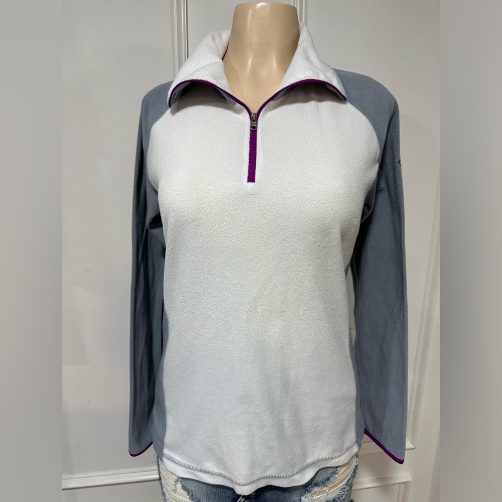 Columbia White and Gray Half-Zip Fleece with Purple Trim